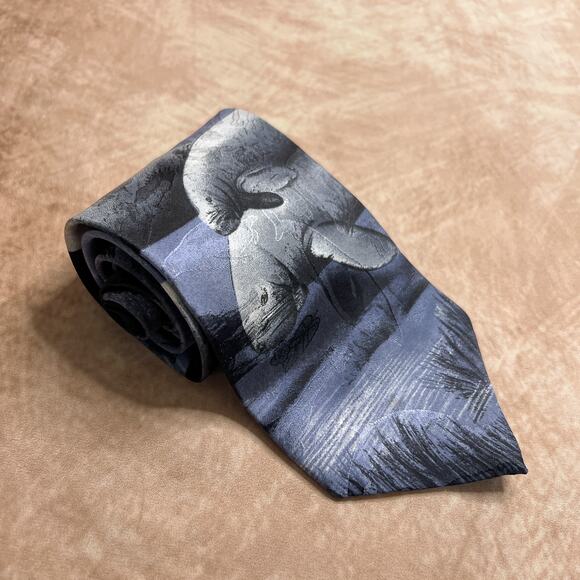 Vintage 90s Endangered Species Manatee Silk Neck Tie Animal Print Teacher Safari - Picture 6 of 8